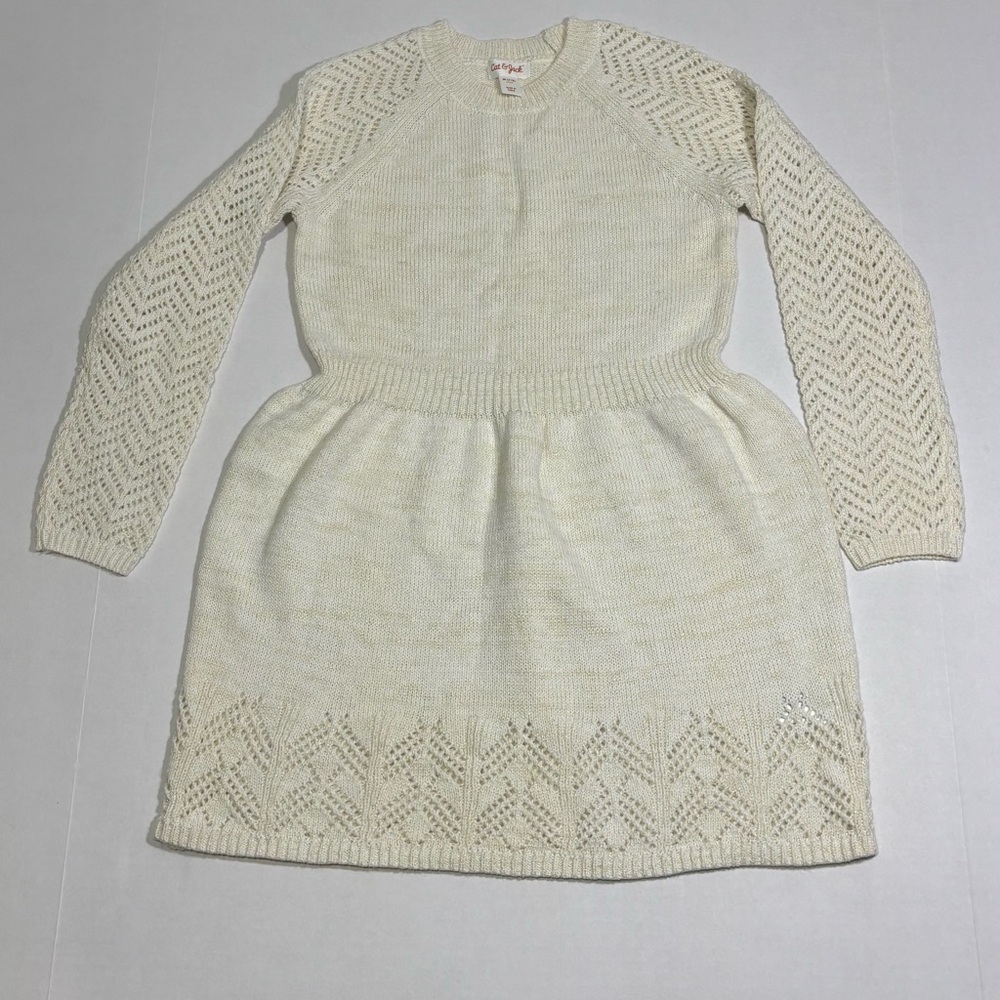 Cat & Jack Girls Ivory Chevron Knit Sweater Dress M-7/8 Crew Raglan Sleeve